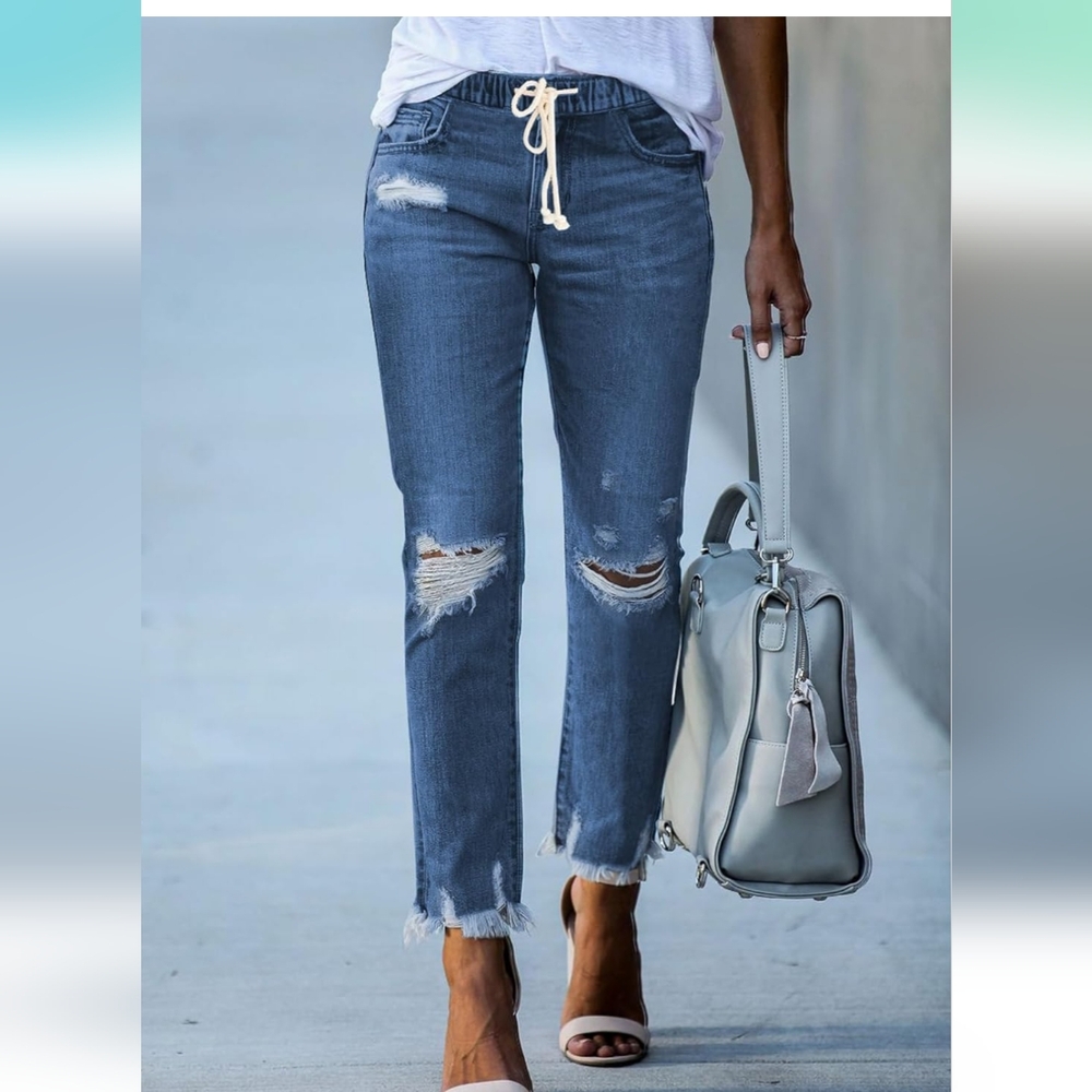 Women’s Cargo Jeans High Waisted Ripped Denim Joggers Elastic Drawstring Waist